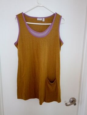 Casual Sleeveless Pocket Dress in Dark Mustard Brown with Lavender Trim -